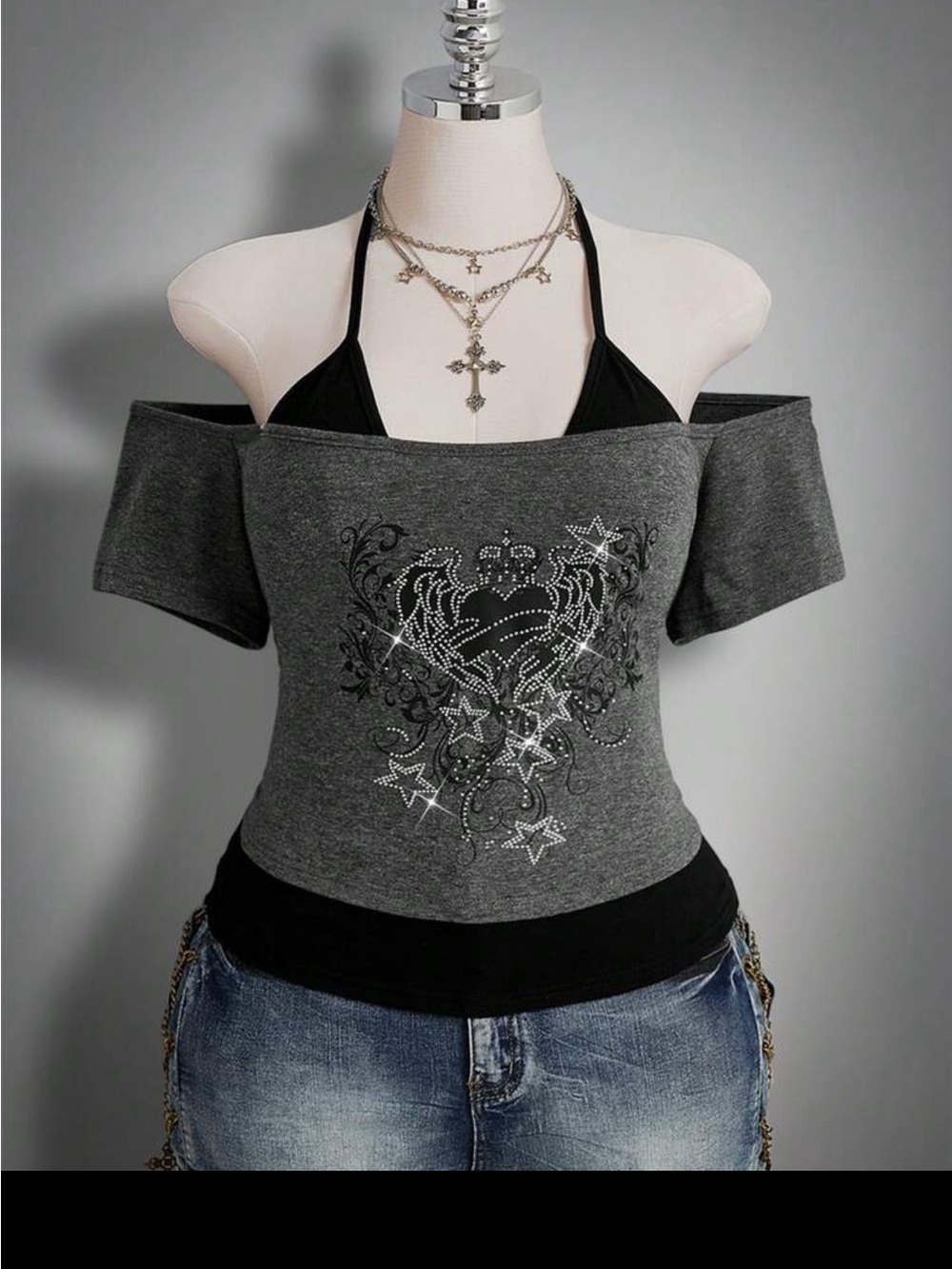 Off-Shoulder Embellished Gray Women's Top